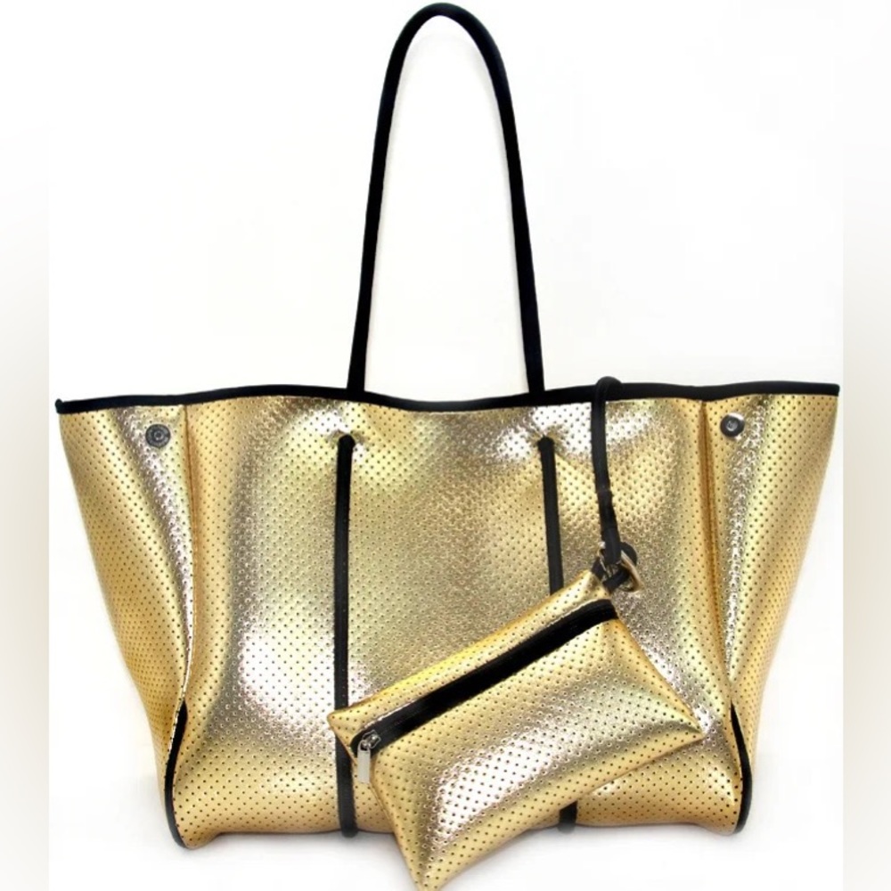 Waterproof Neoprene Tote Solid Gold Coast or Silver Pink Racer checks purse bag